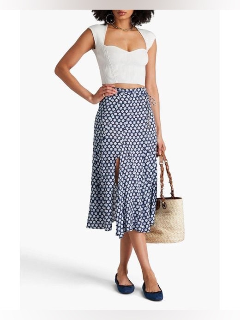 Maje Navy Blue and White Printed Midi Skirt with Front Slit